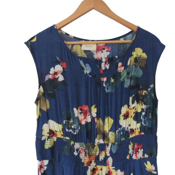 Maeve Anthropologie Evaline Blue Yellow Floral Dress Small Cap Sleeves Smocked - Picture 5 of 11